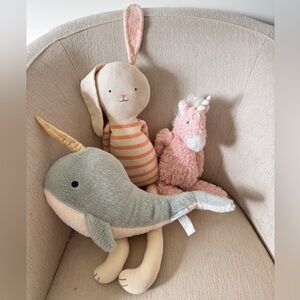 Lot of 3 Anthropologie stuffed animals unicorn bunny whale narwal soft girl baby